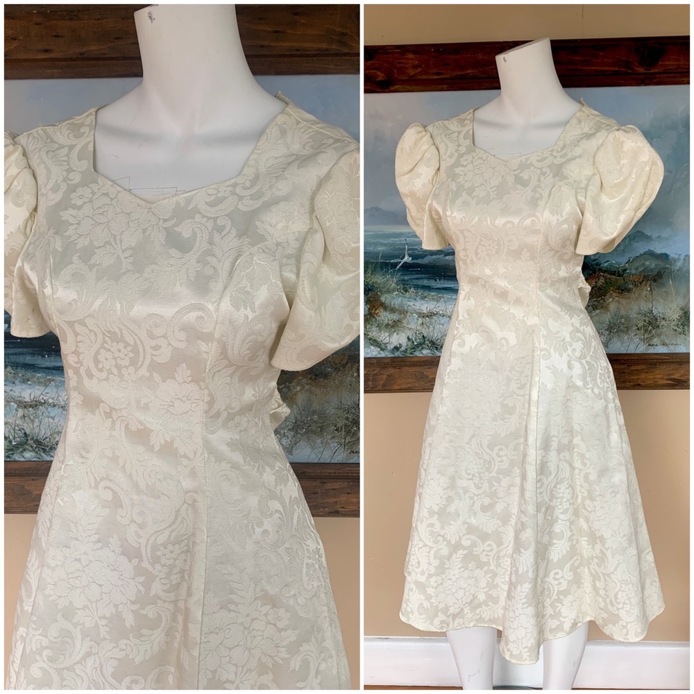 Vintage Puff Sleeve A-Line Midi Dress | 80's Short Sleeve, Full Wedding Gown